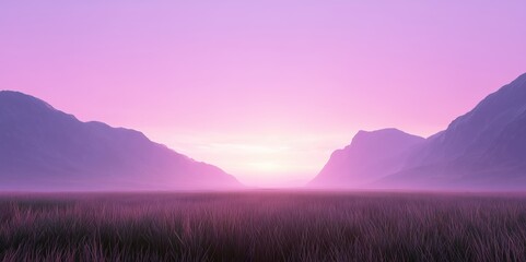 Fototapeta premium Misty grasslands with pastel sky, Peaceful lavender sunrise above foggy grasslands and distant mountain horizon for creative inspiration