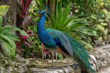 Obraz premium Vibrant Peacock Displaying Its Plumage in the Lush Coyaba Gardens of Ocho Rios, Jamaica - A Colorful Bird in a Caribbean Paradise