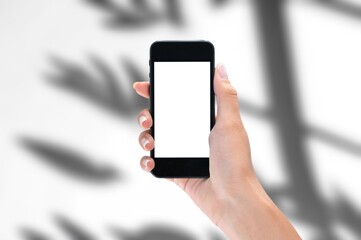 Hand showing modern smartphone with blank screen