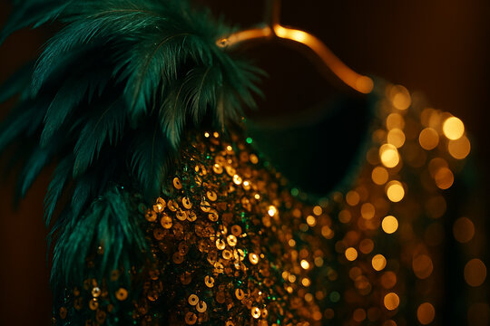 Emerald and gold carnival feathers with sequins &mdash; macro costume detail for Rio Carnival
