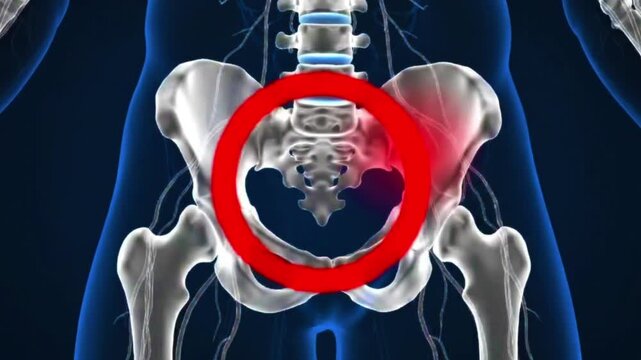 Anatomical view of pelvis bones and spine with red circle highlighting area of interest in blue body