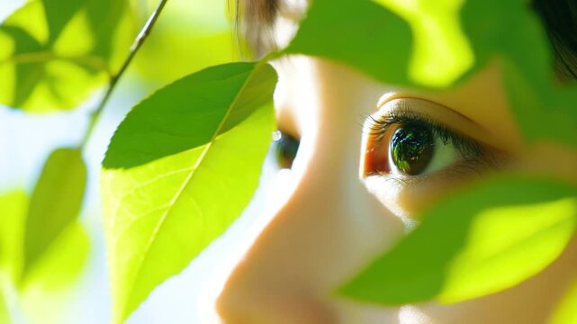Close-up of a person's face with leaves in the background, suitable for nature-inspired designs or environmental themes