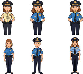 Cartoon female police officer characters in uniform standing confident with hats and badges, law enforcement vector illustration for security authority design