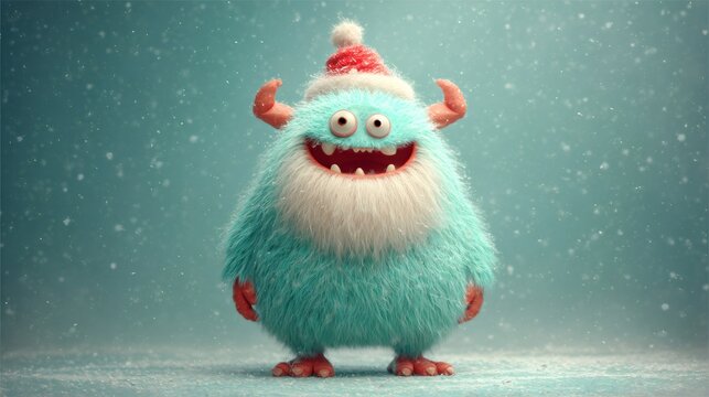 Fluffy funny monster creature wearing Santa hat in wintery snowfall scene. Cute character for Christmas, New Year, holiday season.
