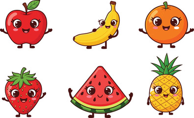 Cartoon Fruits with Arms and Smiling Faces for Kids Education, Healthy Food Poster, Fun Fruit Characters for Children Learning Design
