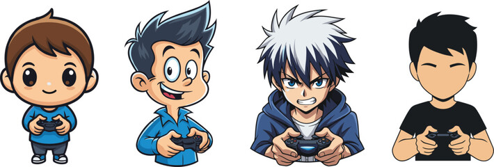 Cartoon gamer boys holding game controllers, playing video games with excitement, fun expressions, anime style characters, esports and gaming illustration. © shamima