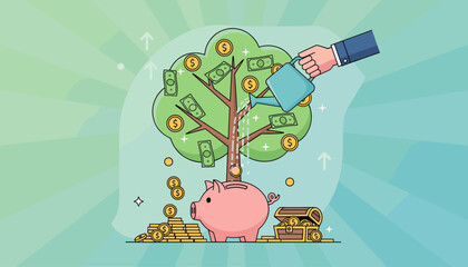 Conceptual illustration of financial growth and investment, depicting a vibrant green tree laden with dollar bills and gold coins, being watered by a hand holding a watering can, symbolizing