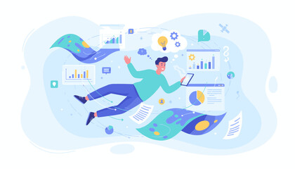 Naklejka premium Vivid vector illustration of a person in zero gravity, surrounded by floating digital interfaces displaying charts, graphs, and data, symbolizing innovation, technology, and business growth in a