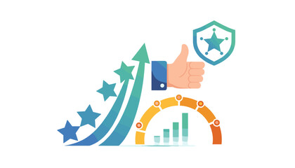 Conceptual illustration of business success and quality assurance, featuring a rising arrow with stars, a thumbs-up gesture, a shield emblem, and a progress bar chart, symbolizing growth