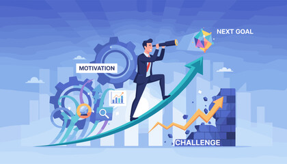 Visionary businessman with spyglass climbing upward arrow graph towards next goal, symbolizing motivation, overcoming challenges, and achieving success with gears and charts in background