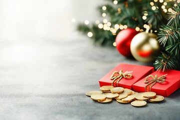 Festive Chinese red envelopes filled with coins and gold ingots alongside a decorated holiday tree