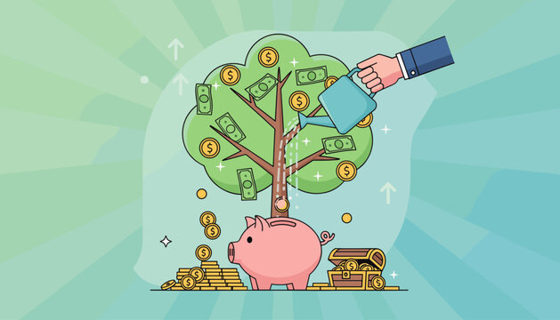 Conceptual illustration of financial growth and investment, depicting a vibrant green tree laden with dollar bills and gold coins, being watered by a hand holding a watering can, symbolizing