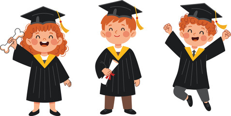 Cartoon Graduation Characters in Caps and Gowns for Kids Education, Achievement Celebrations, Party Decor, Fun Illustration, and Creative Design