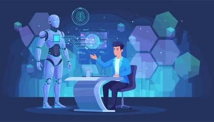 Futuristic scene depicting a human interacting with a sophisticated AI robot and advanced technology interfaces, showcasing the integration of artificial intelligence in modern life and business