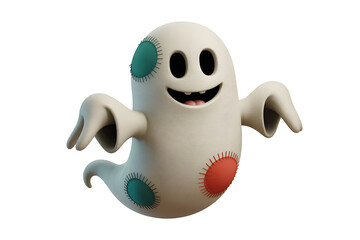Fototapeta premium Cute, friendly ghost with colorful patches floats cheerfully, exuding playful, whimsical charm.