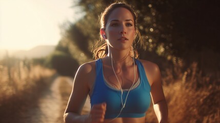 A determined young woman runs outdoors at sunrise, listening to music on her earbuds