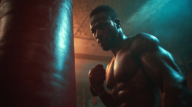 Muscular boxer striking heavy bag with intensity