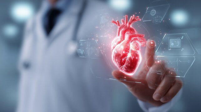 A doctor examines a shimmering, holographic projection of a human heart