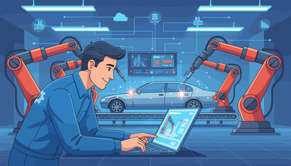 Modern automotive factory scene with a smiling engineer operating a laptop to control robotic arms assembling a car on a conveyor belt, showcasing advanced manufacturing and automation technology in