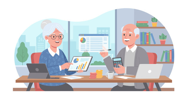 Focused elderly couple diligently managing home finances at a desk with laptops, tablets, calculators, and stacks of coins, symbolizing financial planning and retirement management in a modern office