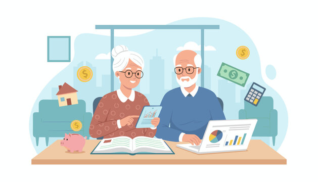 Elderly couple focused on managing home finances, reviewing charts and graphs on a tablet and laptop, surrounded by financial symbols like coins, banknotes, and a piggy bank, symbolizing retirement
