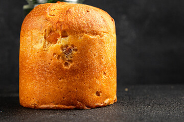Panettone small sweet pastries Christmas traditional dessert Easter cake tasty snack fresh delicious gourmet food background on the table rustic top view copy space