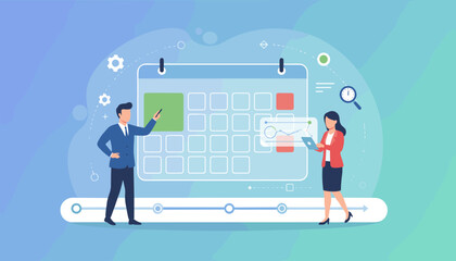 Business professionals planning and scheduling tasks on a large calendar, highlighting teamwork, project management, and appointment setting with data analysis and timeline visualization, conveying