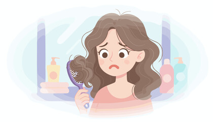 Soft-focus illustration of a distressed young woman looking at a hairbrush filled with fallen hair, symbolizing hair loss and thinning concerns, set against a bathroom background with toiletries