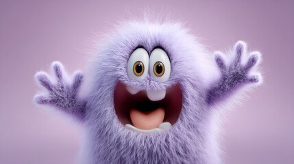 Obraz premium Cute funny fluffy monster with big eyes and open mouth. Happy purple creature character for children's entertainment and animation.