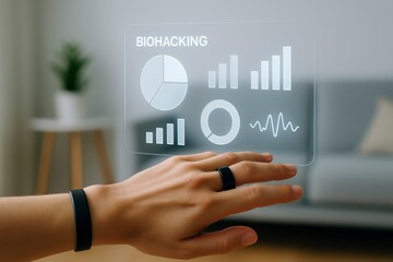 A hand with a black ring interacts with a transparent screen displaying biohacking data, including graphs and charts. The background features a modern living room.