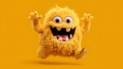 Funny fluffy monster character jumping with excitement. Cute furry creature with big eyes and sharp teeth. Playful cartoon mascot.