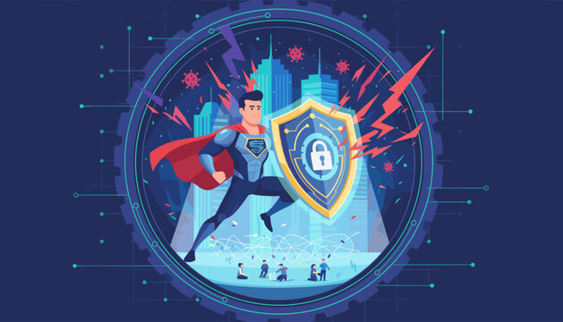 Superhero with a shield protecting a city from viruses and lightning strikes, symbolizing cybersecurity, data protection, and digital safety against threats in a modern technological landscape.