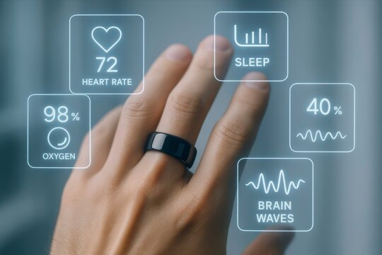A close-up of a human hand wearing a smart ring. Digital health metrics display heart rate, oxygen level, sleep quality, and brain wave activity.