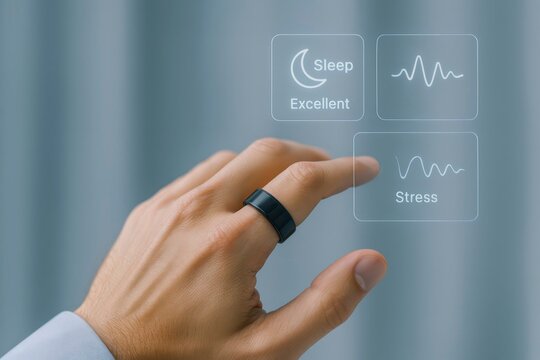 A close-up of a male hand with a black ring interacting with a digital interface displaying sleep and stress metrics. The background is softly blurred.