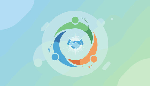 Modern abstract symbol of teamwork and cooperation, featuring a handshake at the center surrounded by colorful figures and radiating lines, representing partnership and unity in a clean, professional