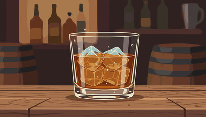 A close-up, vibrant illustration of a glass filled with amber whiskey or bourbon and ice cubes, resting on a rustic wooden table in a dimly lit bar setting with blurred barrels and bottles in the