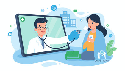 Vivid illustration of a telehealth consultation, featuring a doctor on a tablet using a stethoscope on a patient, symbolizing online medical care and remote healthcare services, with icons