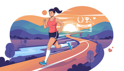 Vibrant illustration of a determined woman in sportswear running towards the finish line, symbolizing achievement and goal attainment, set against a scenic landscape with rolling hills, a winding