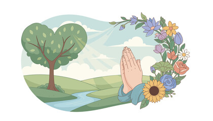 Serene illustration of a woman's hands clasped in prayer amidst a vibrant natural landscape, featuring a heart-shaped tree, a flowing river, rolling green hills, and a colorful floral wreath, bathed