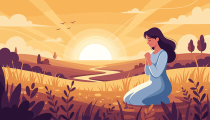 A young woman with long dark hair, dressed in a light blue dress, kneels in a field of tall grass with her hands clasped together in prayer, facing a vibrant, glowing sunset with sun rays beaming