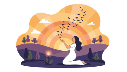 A woman in a white dress kneels in a serene natural landscape at sunset, with her hands outstretched to release a flock of birds into the vibrant, radiating sky, symbolizing freedom, hope, and