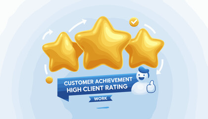 Three golden stars representing a high-quality rating and customer achievement, with a thumbs-up icon and a checkmark, symbolizing excellent work and client satisfaction in a 3D rendered illustration.