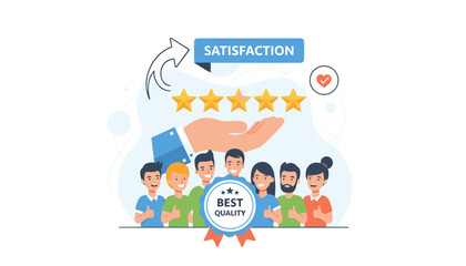 Illustrative vector graphic showcasing a hand holding five golden stars, representing a top customer satisfaction rating, with a diverse group of happy people giving thumbs up and a badge indicating