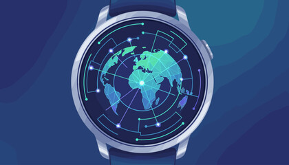 Futuristic smartwatch displaying a vibrant, abstract digital representation of the Earth's global network connection, symbolizing technology, data, and interconnectedness in a modern, sleek design