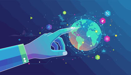 Abstract digital illustration of a stylized blue hand reaching out and touching a glowing, interconnected globe, symbolizing global network connectivity, technology, and data transfer in a