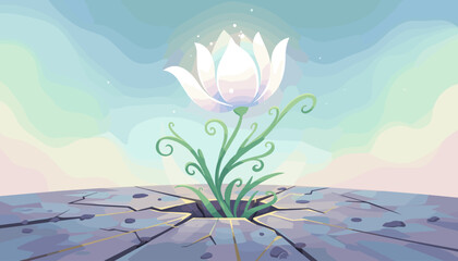A radiant white lotus flower, symbolizing purity and rebirth, emerges triumphantly from a cracked, barren ground under a soft pastel sky, representing hope and resilience in adversity.