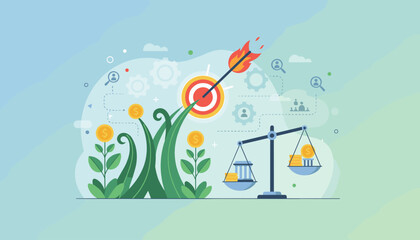 Vibrant illustration depicting a flaming arrow hitting a target, symbolizing achieving success and long-term investment goals, with growing money plants and a balance scale representing financial