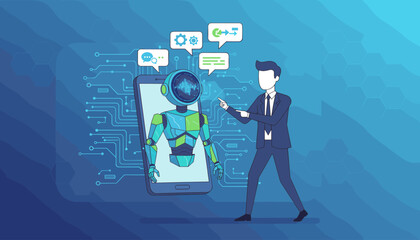 Futuristic AI chatbot concept with a businessman interacting with a robot emerging from a smartphone, surrounded by digital circuits and communication bubbles, representing artificial intelligence