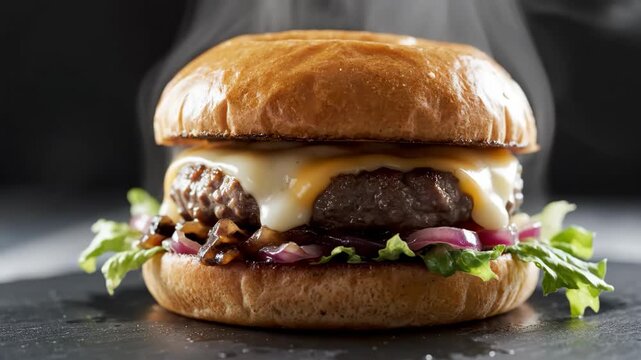 Juicy cheeseburger sandwich with melted cheese, fresh lettuce, grilled onions, and burger patty