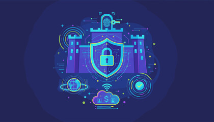 Vibrant digital illustration depicting a fortress-like structure symbolizing cyber security and data protection, featuring a prominent shield with a padlock, fingerprint scanner, key, and surrounding
